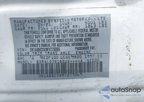 2021 Nissan Sentra Sv Xtronic Cvt из США, поврежденный, VIN 3N1AB8CVXMY279069